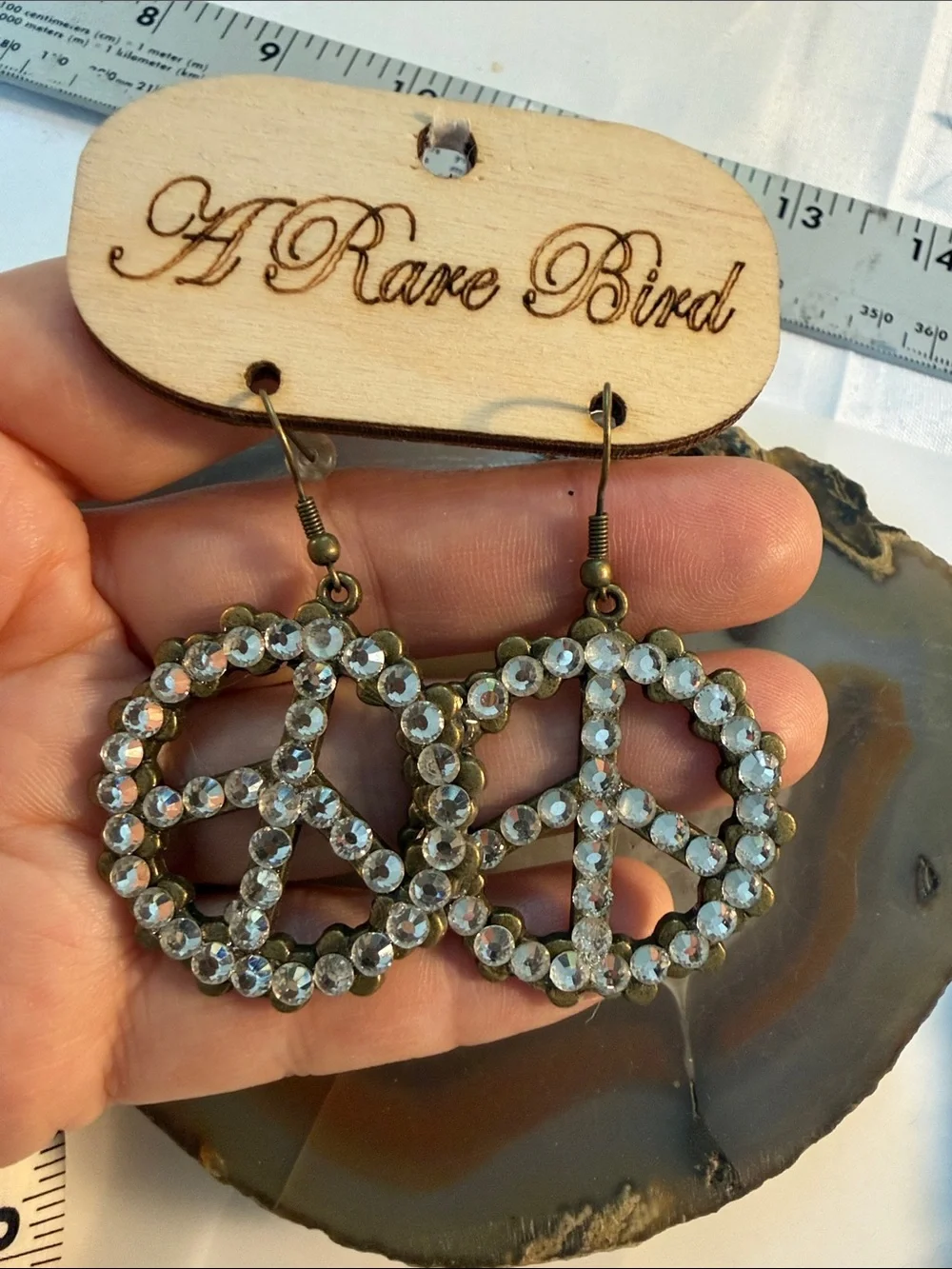 A rare bird Crystal Peace Sign Drop Earrings NWT $49 2.25” x 1.5”